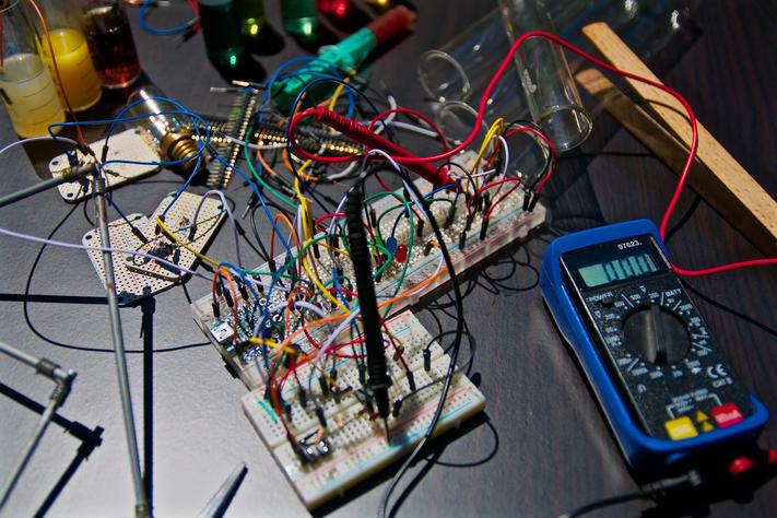 EE lab equipment spread across a desk